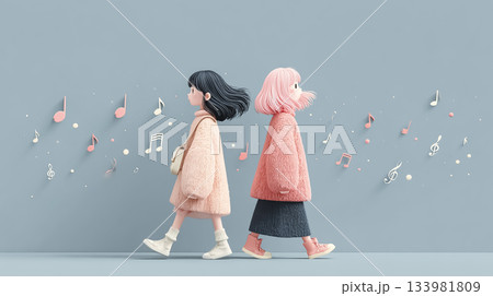 絵美シリーズ：2人の絵美が音符の渦と柔光に包まれながら歌う　音の妖精シーン 133981809