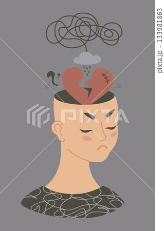 Mental Health. Unhappy Human Face with Broken Heart, rain cloud and Tangled Thoughts from her head. Concept emotional pain, confusion, Depression and Stress. Vector Illustration. Not AI 133981863