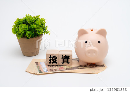 一万円札と豚の貯金箱で投資のイメージ 133981888