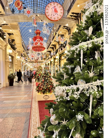 Bright Christmas Tree toys are hanging on the tree. New Year 133982021