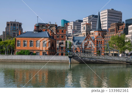 Union church by river with skyline refleciton at Hungpu, Shanghai Union church by river with skyline refleciton at Hungpu, Shanghai 133982161
