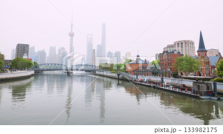 Waibaidu Bridge, church, Pearl tower with fog at the Bund, Shanghai 133982175