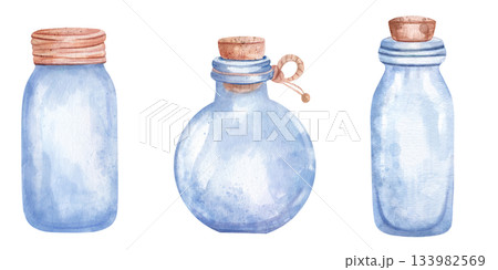 Hand drawn watercolor set of empty glass bottles with wooden corks. Rustic apothecary collection isolated on clean white background. Versatile minimalist design for product and vintage packaging 133982569