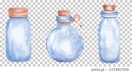 Hand drawn watercolor set of empty glass bottles with wooden corks. Rustic apothecary collection isolated on clean white background. Versatile minimalist design for product and vintage packaging 133982569