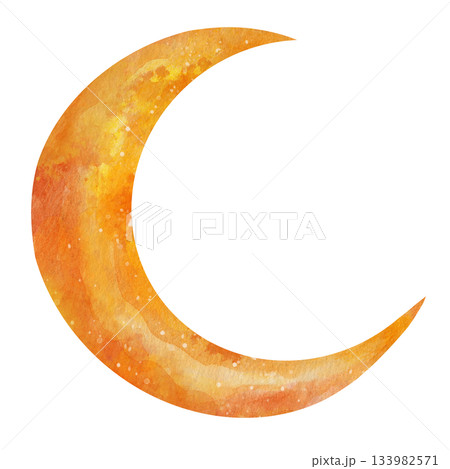 Bright orange crescent moon in a mystical watercolor illustration. Celestial symbol isolated on clean white background for design. Luminous cosmic element perfect for spiritual and fantasy themes 133982571