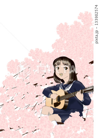 桜の花に桜の花に埋もれてギターを弾き語る女子高校生 桜の花に桜の花に埋もれてギターを弾き語る女子高校生 133982574