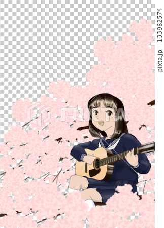 桜の花に桜の花に埋もれてギターを弾き語る女子高校生 桜の花に桜の花に埋もれてギターを弾き語る女子高校生 133982574