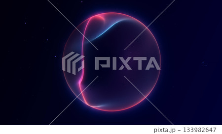 Minimal glowing neon sphere with smooth light curves in a vivid blue-pink gradient. Futuristic digital style with elegant abstract motion for modern design concepts. 133982647