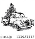 Retro Christmas Pickup Truck Illustration in Hand-Drawn Ink Style 133983312