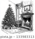 Vintage Holiday Interior with Christmas Tree and Fireplace Drawing 133983313