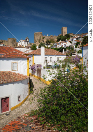 Stunning aerial view of Obidos town showcasing its medieval castle in Portugal Stunning aerial view of Obidos town showcasing its medieval castle in Portugal 133983405