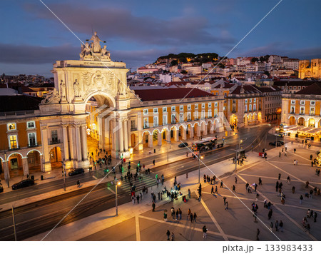 Aerial view of lit Praca do Comercio in Lisbon at Christmas 133983433