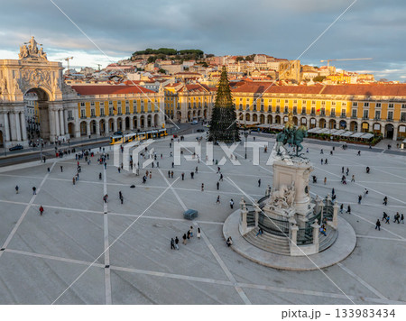 Stunning aerial view of Praca do Comercio with Christmas tree in twilight Stunning aerial view of Praca do Comercio with Christmas tree in twilight 133983434