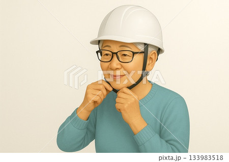 ヘルメットを正しくかぶる練習をする高齢者 133983518