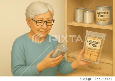 非常食の賞味期限をチェックする高齢者 133983521
