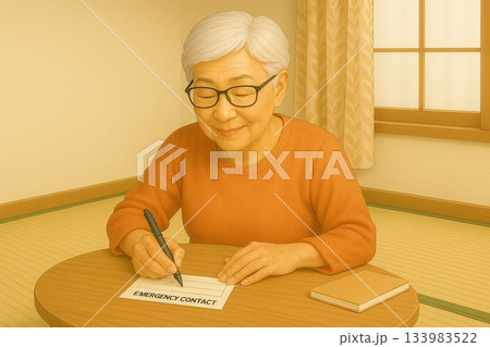 和室で緊急連絡先を書き込む高齢者 133983522