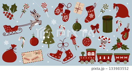 Christmas and winter holiday illustration set with cute icons including reindeer, sleigh, mittens, tree, candy canes, ornaments, gifts, holly and decorative elements for seasonal designs Christmas and winter holiday illustration set with cute icons including reindeer, sleigh, mittens, tree, candy canes, ornaments, gifts, holly and decorative elements for seasonal designs 133983552