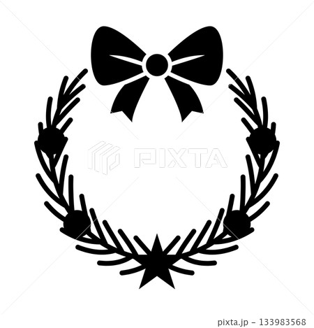 Black silhouette Christmas wreath illustration with holly leaves, berries and bow, minimalist festive holiday design, simple decorative winter symbol for cards, invitations, prints, greeting materials 133983568