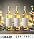 Christmas Mockup of Three White Wine Bottles with Blank Labels 133983604