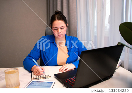 Working remotely from cozy home interior. Woman enjoys location-independent work with laptop in comfortable home settings. Freedom and flexibility of working from anywhere. Modern technology concept 133984220