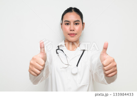 Woman Doctor with Stethoscope in White Uniform on Plain Background Woman Doctor with Stethoscope in White Uniform on Plain Background 133984433