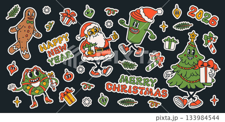 Christmas groovy retro cartoon sticker set with Santa, tree, wreath, gifts and 2026 lettering on a dark background. Christmas sticker elements in trendy groovy style. Great for posters, cards 133984544