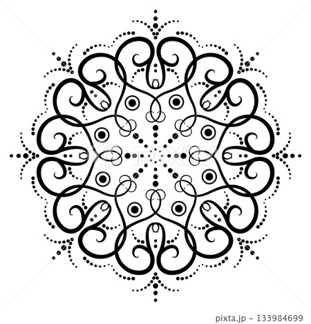 Monochrome fantasy element of curved lines and dots. Ornate lacy mandala of swirls. Black ethnic ornament. Geometry round pattern with hearts. Monochrome fantasy element of curved lines and dots. Ornate lacy mandala of swirls. Black ethnic ornament. Geometry round pattern with hearts. 133984699