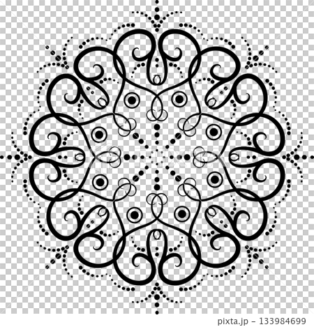 Monochrome fantasy element of curved lines and dots. Ornate lacy mandala of swirls. Black ethnic ornament. Geometry round pattern with hearts. 133984699