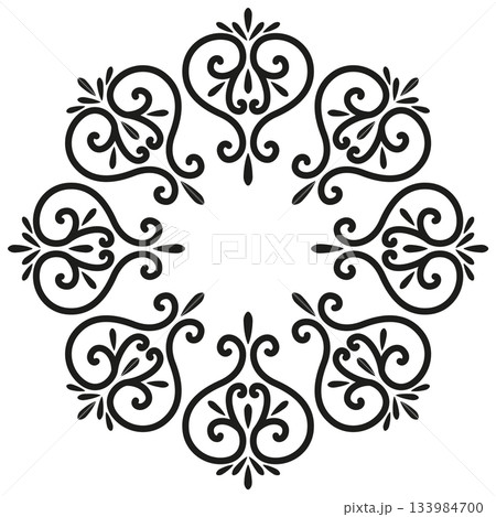 Graceful lacy mandala of swirls. Black ethnic ornament on white background. Monochrome fantasy design element. Geometry round ornament with hearts. Graceful lacy mandala of swirls. Black ethnic ornament on white background. Monochrome fantasy design element. Geometry round ornament with hearts. 133984700