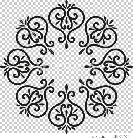 Graceful lacy mandala of swirls. Black ethnic ornament on white background. Monochrome fantasy design element. Geometry round ornament with hearts. 133984700