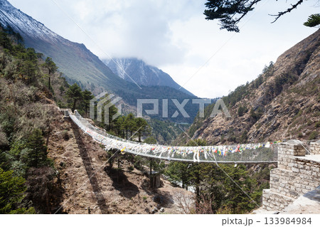 Imja river suspension bridge view along EBC trek, Nepal 133984984