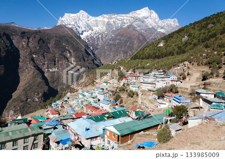 Namche Bazar town view with Kongde Ri peak in the background, Nepal Namche Bazar town view with Kongde Ri peak in the background, Nepal 133985009