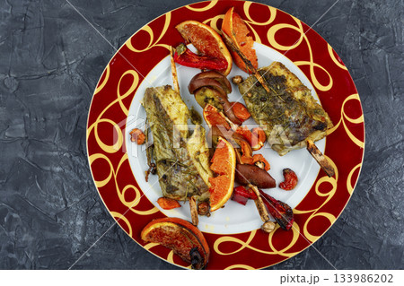 Grilled pollock steaks, barbecue. Grilled pollock steaks, barbecue. 133986202