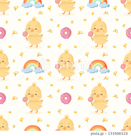 Cute seamless pattern with pastel chicks, rainbows and sweets in playful cartoon style 133986528