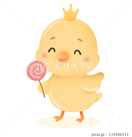 Cute pastel chick with crown and lollipop in kawaii cartoon style 133986531