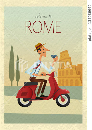 Vintage Rome illustration with man riding scooter and holding coffee in textured retro style Vintage Rome illustration with man riding scooter and holding coffee in textured retro style 133986649