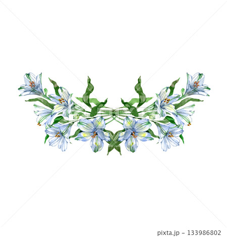 Watercolor alstroemeria garland featuring soft blue flowers and fresh greenery. Perfect decorative element for wedding stationery, greeting cards, borders, branding and elegant celebration-themed Watercolor alstroemeria garland featuring soft blue flowers and fresh greenery. Perfect decorative element for wedding stationery, greeting cards, borders, branding and elegant celebration-themed 133986802