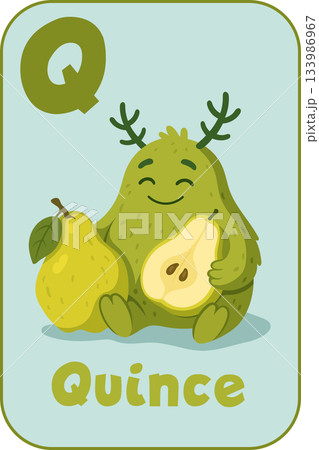 Letter Q, Smiling green monster holding fresh quince fruit for kids flashcard in cartoon flat style 133986967