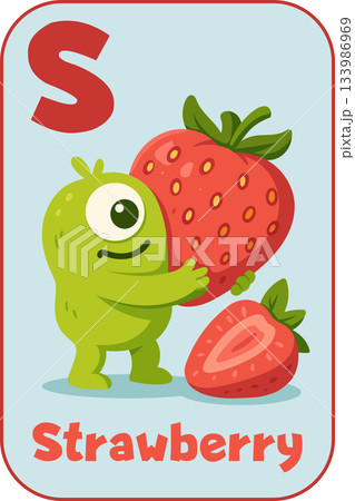 Letter S, Cute green one-eyed monster hugging giant strawberry for kids flashcard in cartoon flat style Letter S, Cute green one-eyed monster hugging giant strawberry for kids flashcard in cartoon flat style 133986969