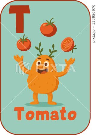 Letter T, Orange monster with branch horns juggling tomatoes for kids flashcard in cartoon flat style Letter T, Orange monster with branch horns juggling tomatoes for kids flashcard in cartoon flat style 133986970