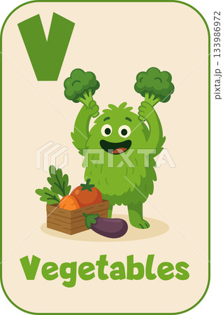 Letter V, Happy green monster with broccoli horns and vegetable basket for kids flashcard in cartoon flat style Letter V, Happy green monster with broccoli horns and vegetable basket for kids flashcard in cartoon flat style 133986972