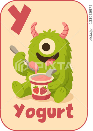 Letter Y, Green one-eyed monster eating strawberry yogurt for kids flashcard in cartoon flat style 133986975