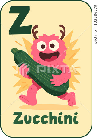 Zucchini monster flashcard in funny cartoon style, ABC education for kids Zucchini monster flashcard in funny cartoon style, ABC education for kids 133986979