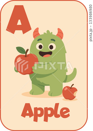 Apple monster flashcard for kids learning English alphabet , cute cartoon style Apple monster flashcard for kids learning English alphabet , cute cartoon style 133986980