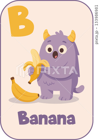 Banana monster flashcard for preschool alphabet learning , cartoon illustration 133986981