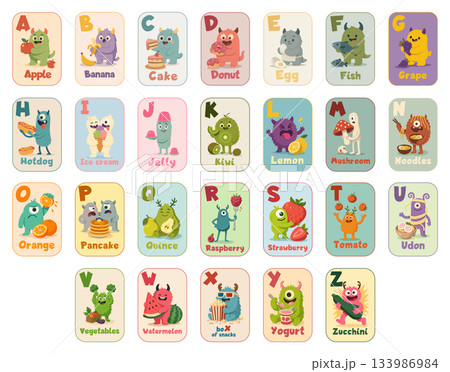 Full English alphabet with cute cartoon monsters and food, ABC flashcards for kids in colorful flat style 133986984