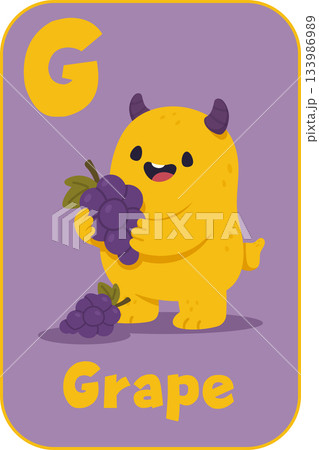 Letter G, Yellow monster holding purple grapes for kids alphabet card in flat cartoon style Letter G, Yellow monster holding purple grapes for kids alphabet card in flat cartoon style 133986989