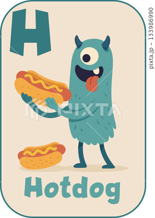 Letter H, Funny one-eyed blue monster with hotdog for kids flashcard in cartoon flat style Letter H, Funny one-eyed blue monster with hotdog for kids flashcard in cartoon flat style 133986990