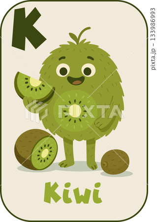 Letter K, Playful furry monster with sliced kiwi for kids flashcard in cartoon flat style Letter K, Playful furry monster with sliced kiwi for kids flashcard in cartoon flat style 133986993