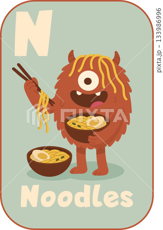 Letter N, Furry red monster eating ramen noodles with chopsticks for kids flashcard in cartoon flat style Letter N, Furry red monster eating ramen noodles with chopsticks for kids flashcard in cartoon flat style 133986996